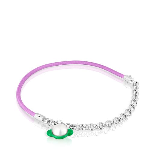 Fiołkowo-różowa elastyczna bransoletka TOUS Instint ze stali i perły hodowanej