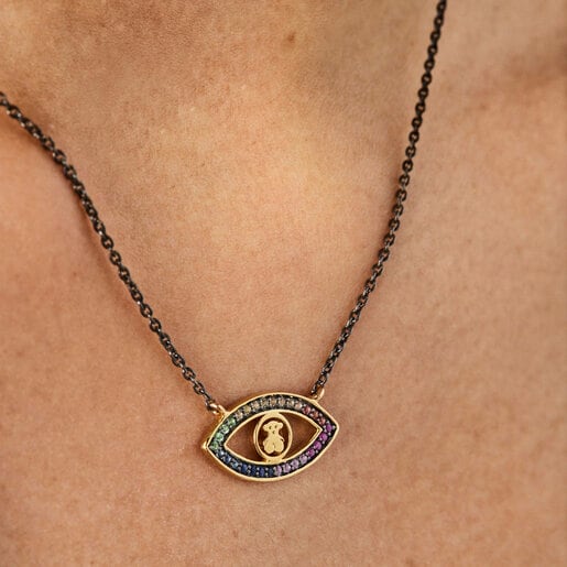 Silver Vermeil and Dark Silver TOUS Good Vibes eye Necklace with Gemstones