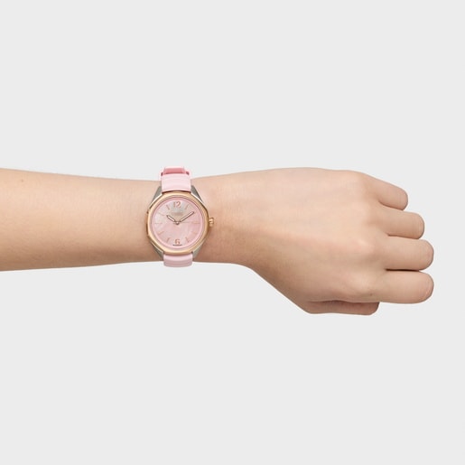Two-tone analog Watch with Swiss movement, mother-of-pearl face and pink rubber strap TOUS Now Lady