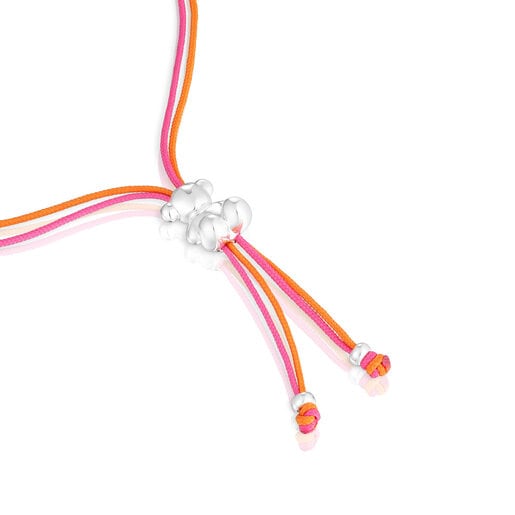 Bold Bear Bracelet with fuchsia and orange cord and a silver bear