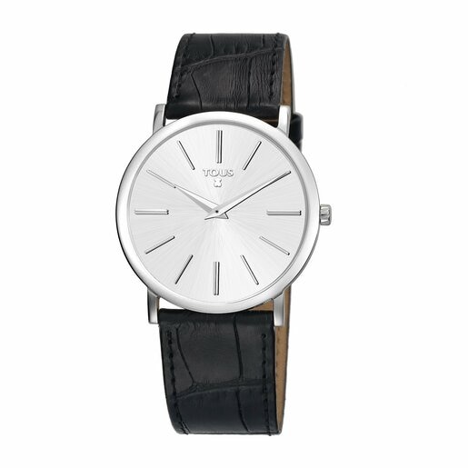 Steel Stous Watch with black Leather strap