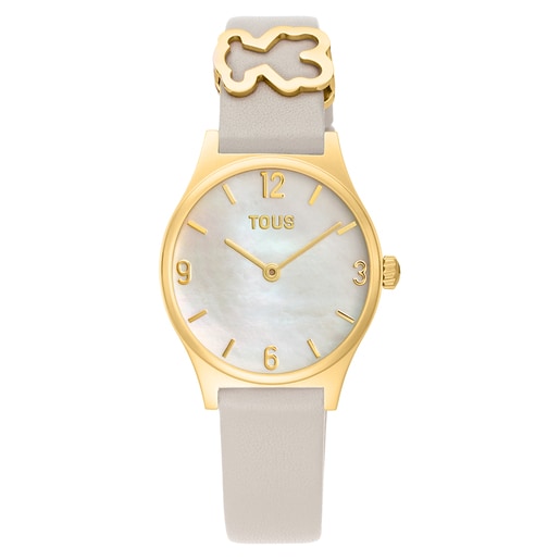 Reloj analógico con brazalete de piel blanca, acero dorado y esfera de nácar Epic Icon