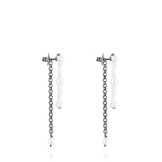 Dark silver Virtual Garden Double earrings with cultured pearls