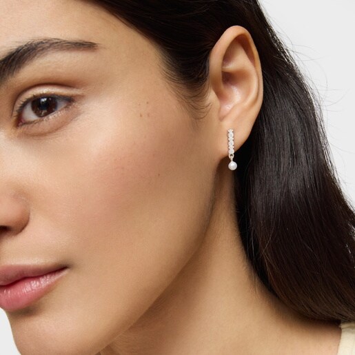 Pendientes Straight Plata Osos en Barra con Perla