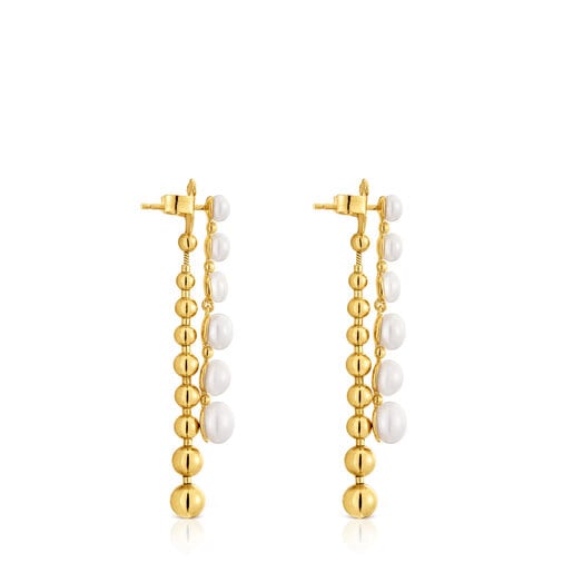 Long double Earrings with 18kt gold plating over silver and cultured pearls Gloss