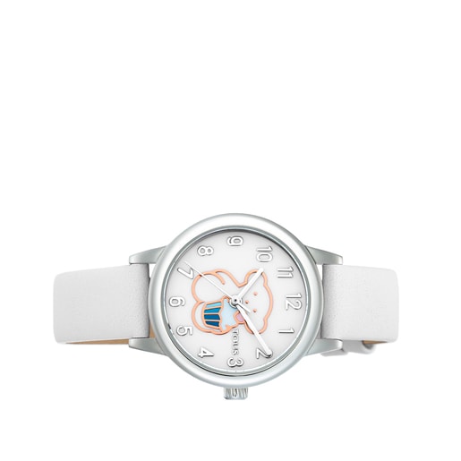 Steel New Muffin Watch with white Leather strap