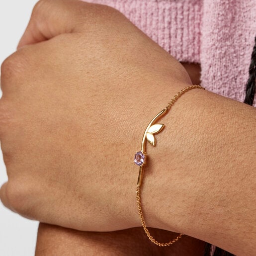 Pulsera hojas con baño de oro 18 kt sobre plata y amatista Fragile Nature