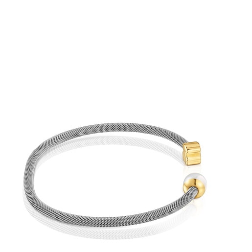 14ktゴールド、養殖パール、スティールのバングル Icon Mesh | TOUS
