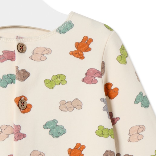 Baby playsuit with multicoloured bears in ecru