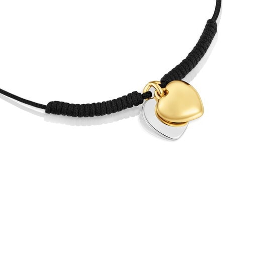 Pulsera doble corazón con baño de oro 18 kt sobre plata y nylon negro TOUS Flechazo
