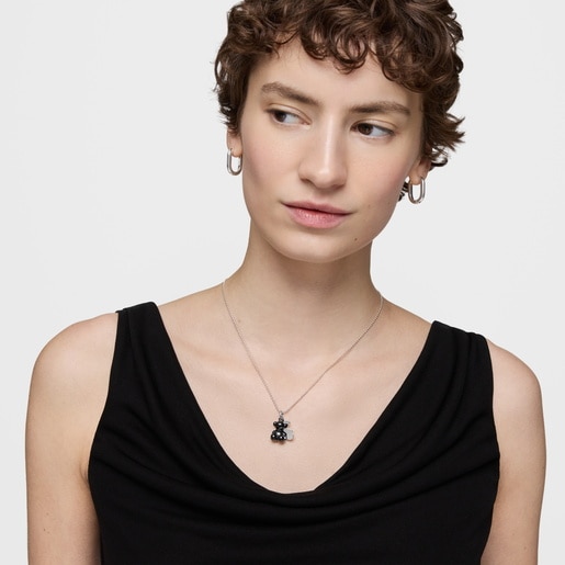 Dije doble oso de plata y cerámica negra Bold Bear