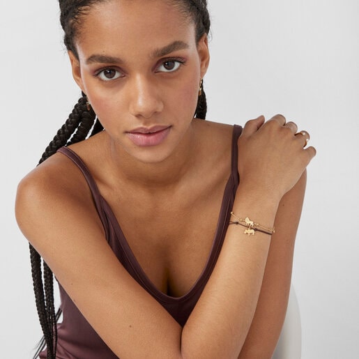 Silver Vermeil Save lion bracelet with beige Cord