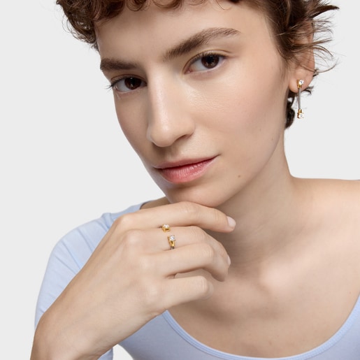 Anillo abierto de acero, oro 14 kt y diamantes creados en laboratorio TOUS Mesh LGD