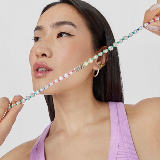 Multicolored nylon Necklace with silver and cultured pearls Logo