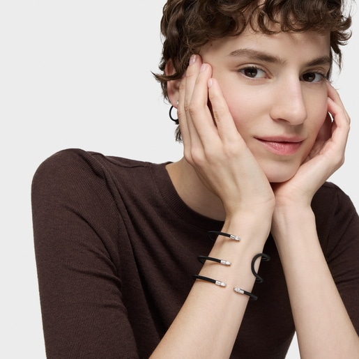 Platinum, black steel and lab-grown diamonds double Bangle TOUS Mesh LGD