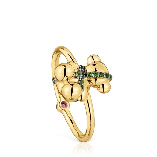 Anello con orsetto in argento placcato oro 18 kt e cromo diopside medio Lligat