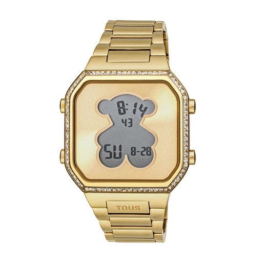 Reloj digital con brazalete de acero IPG dorado y zirconitas D-BEAR