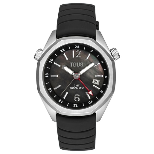 gmt automaticky hodinky s černým silikonovým řemínkem, ocelovým pouzdrem a perleťovým ciferníkem TOUS Now.