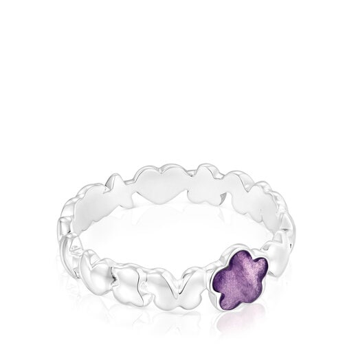 Silver Bold Motif Ring with an amethyst flower | TOUS