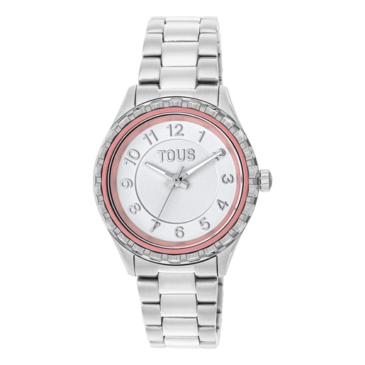 Relógio analógico com bracelete em aço e bisel interior em alumínio rosa Mini T-Bear