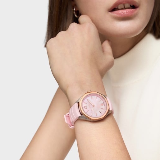 Two-tone analog Watch with Swiss movement, mother-of-pearl face and pink rubber strap TOUS Now Lady