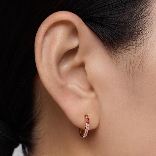 Pendientes de aro con baño de oro 18 kt sobre plata y gemas Straight