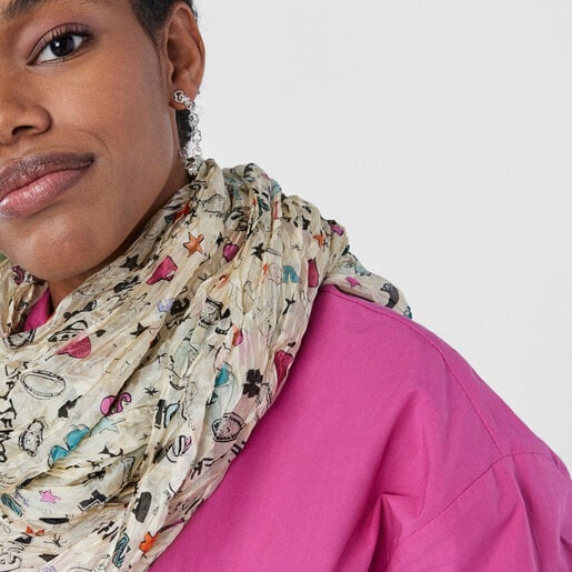 Beige and multi-colored silk Samba pleated Scarf