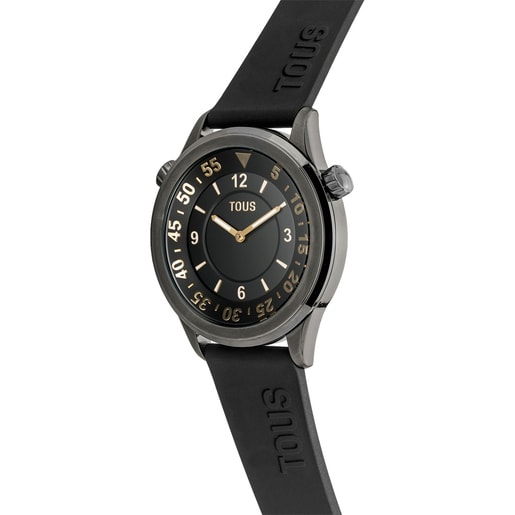 Zegarek analogowy z czarnym silikonowym paskiem i kopertą z szarej stali IP TOUS Now