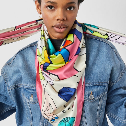 צעיף TOUS Magic Flowers בצבע בז'