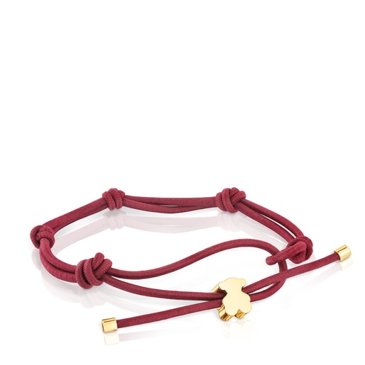 Pulsera elástica burdeos y oso con baño de oro 18 kt sobre plata Sweet Dolls