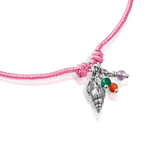 Pulsera de cordón rosa con motivo caracola y gemas Save Ocean
