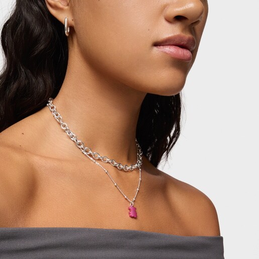 Pack gargantilla de plata y colgante oso de acero en color rosa 12 mm Sweet Dolls