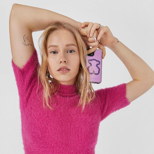 כיסוי מגן ומראה לטלפון Delray 13, עם מוטיב דובון מנצנץ בצבע לילך