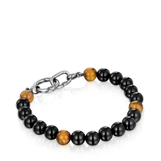 Pulsera de plata envejecida, ónix, ojo de tigre y anillas Hold Man