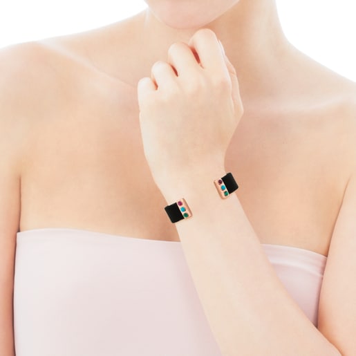 Bracelet Super Power en Acier et Argent Vermeil rose avec Malachite, Turquoise et Rubis
