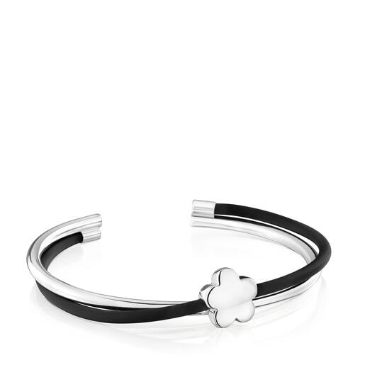Pulsera esclava flor de plata y caucho Bold Motif