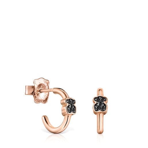 Orecchini a cerchio con placcatura in oro rosa 18 kt su argento e motivo orso e spinello