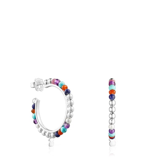 Silver Oceaan Color hoop Earrings with pearls and gemstones | TOUS