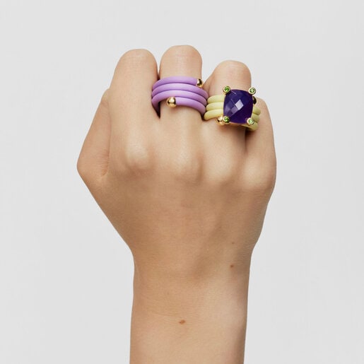 Pack of mauve and yellow St. Tropez Caucho Rings with gemstones