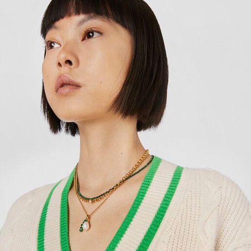 Colgante con baño de oro 18 kt sobre plata, perla cultivada y cromodiópsido Virtual Garden