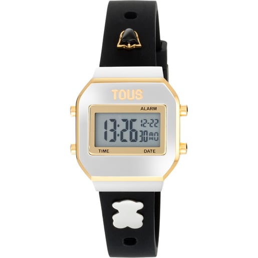 ساعة رقمية بحزام أسود، وهيكل من الصُلب، ومرصعة بالأحجار الكريمة من تشكيلة TOUS XPRESURSLF