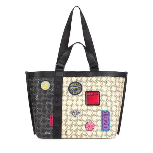 Beige and black TOUS Logogram Patch Tote bag | TOUS