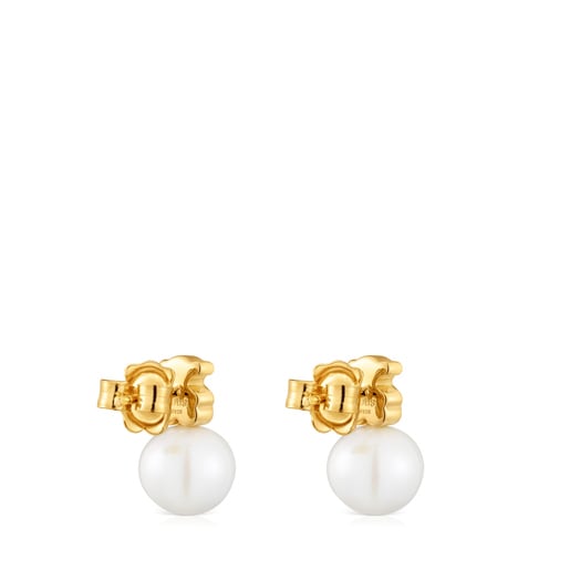 Aretes oso con baño de oro 18 kt sobre plata y perla cultivada de agua dulce Sweet Dolls