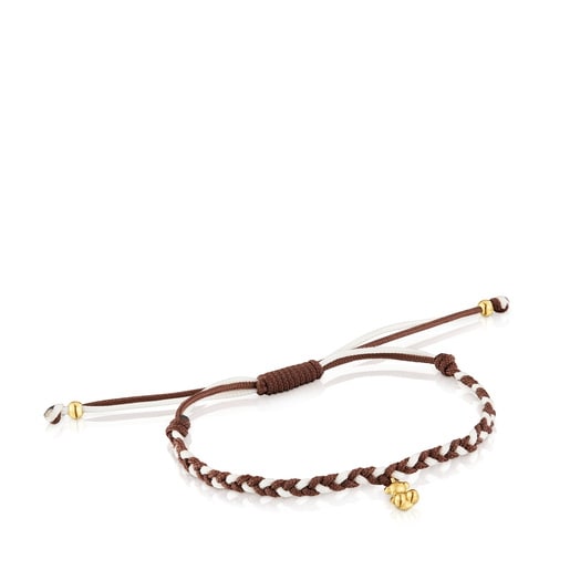 Pulsera oso con baño de oro 18 kt sobre plata y nylon marrón TOUS Motivos