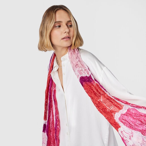 Pink silk Script pleated Scarf