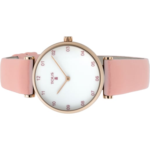 Reloj Camille de acero IP rosado con correa de piel rosa