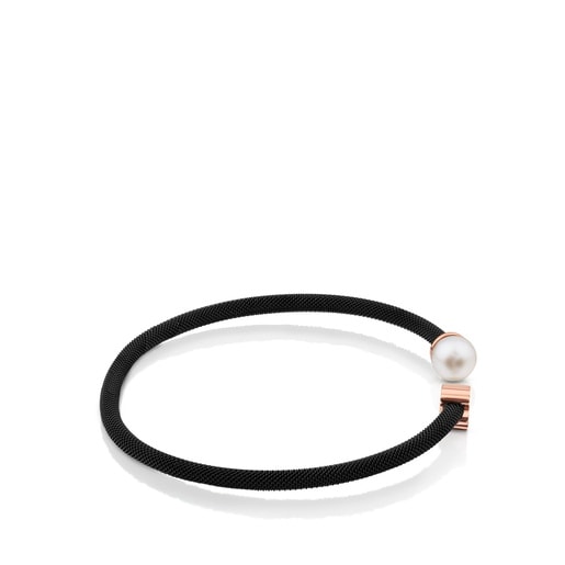 Pulsera de acero IP negro con baño de oro rosa 18 kt sobre plata y perla cultivada de 6,5mm Icon Mesh