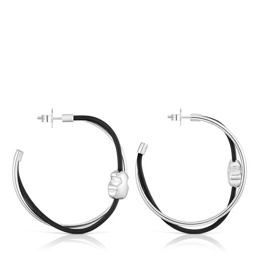 Hoop earrings with bear motif in sterling silver and black rubber TOUS Bold Motif Size of earrings: 45 mm. Push back.