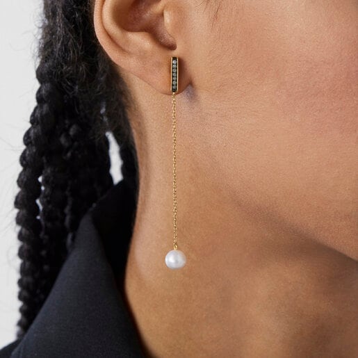 Long Nocturne bar Earrings in Silver Vermeil with Diamonds and Pearl | TOUS