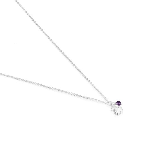 Silver Bold Motif Necklace with an amethyst bear